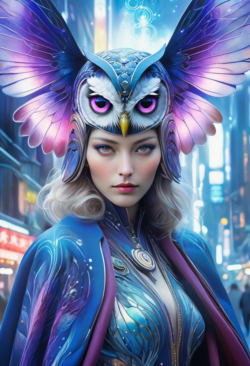 (best quality,4k,highres),(realistic,photorealistic:1.37),(Yoshitaka Amano style:1.1) A nordic woman and her guardian familiar apparition, mystical creature,otherworldly creature,enchanting companions,wearing stylish futuristic clothes,inspired by Phantasy Star Online, lustful poses, (The woman, with her eyes brightly colored, no makeup and her nordic facial features elegantly detailed, adding to her allure. Dressed in elegant casual clothes with a stylish futuristic jacket.), (She is accompanied by a guardian apparition, a moth and owl mixed spectral apparition with exquisite anatomical features. The apparition's presence adds a sense of wonder and magic to the scene.), (The woman and her companion stand in a vibrant and bustling city, a modern metropolis with bustling streets, and vibrant signs. The colors are vibrant, with a mixture of dark blues, purples, and pale reds creating a dreamlike atmosphere.), (The lighting is soft but illuminating, casting a gentle glow on both the woman and the creature.), (The overall composition has a realistic and photorealistic quality, capturing the essence of the scene in intricate detail.), (The art style is inspired by Yoshitaka Amano, known for his ethereal and otherworldly illustrations. The combination of realistic elements with the artist's unique style creates a captivating and visually stunning image.)