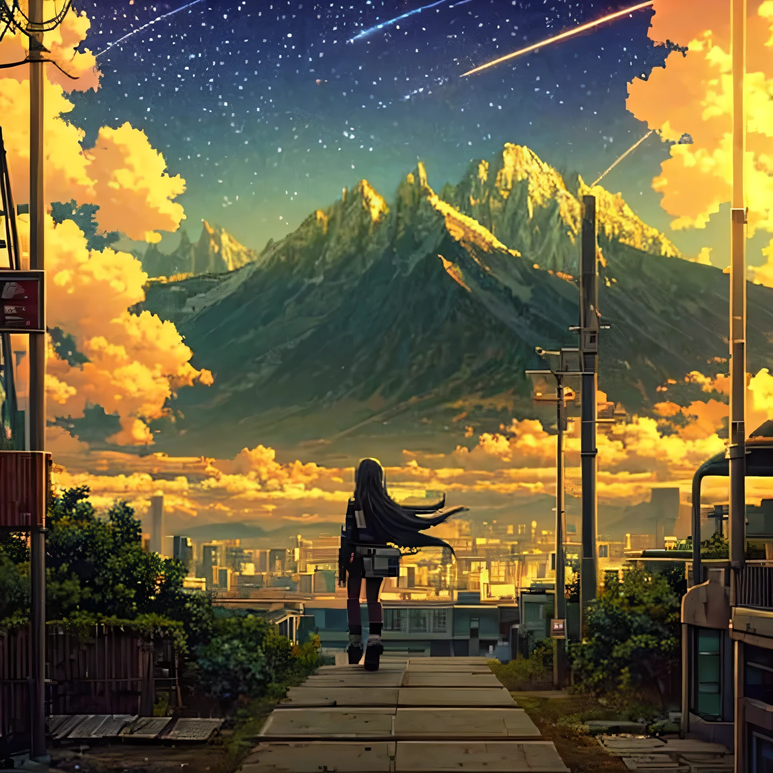 There is a girl with long hair wearing a black top walking towards a post-apocalyptic city surrounded by natural flora, street filled with natural flora, starry sky with a slight touch of light, mountains seen in the distance, pixel art