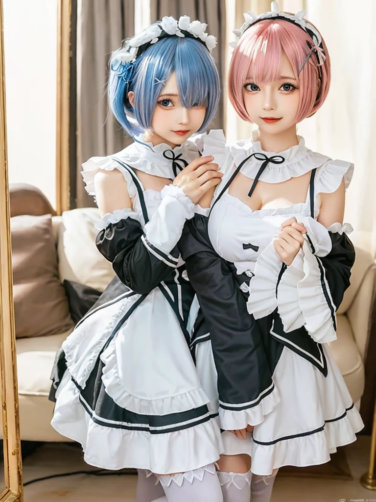 (8K, Photorealistic, Raw photo, of the highest quality: 1.3), (1girl in), Super beautiful, (Realistic face), (boyish, pink Color Berry Shorthair), Beautiful , Glare that captivates the viewer, Beautiful expression, Beautiful breasts, (Realistic skin), Be...Create a detailed and colorful image of Ram and Rem from Re:Zero, standing back-to-back in their maid outfits, with a magical fantasy background、14years old, two girls,cute, perfect face, beautiful, nice body, gothic lolita clothes, gothic lolita fashion, frilly skirt, headdress, necklace, bracelet, knee-high socks, boots, double eyelids, tear bags, Detailed down to the fingers, photo-like description, indoors, dim indoor lighting, one girl is pink hair and short bob, another girl is light blue hair and short bob,standing,whole body, composition that shows the whole body, smiling,The Both of them are wearing the same type of maid outfit,Optimal ratio of 4 fingers and 1 thumb,arms crossed