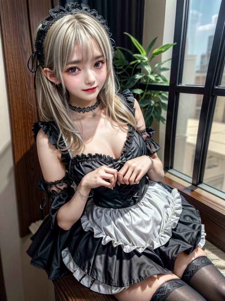 (8K, Photorealistic, Raw photo, of the highest quality: 1.3), (1girl in), Super beautiful, (Realistic face), (boyish, Silver Color Berry Shorthair), Beautiful , Glare that captivates the viewer, Beautiful expression, Beautiful breasts, (Realistic skin), Be...Super high quality, super high definition, super detailed, masterpiece, 20years old, female, cute, perfect face, beautiful, nice body, gothic lolita clothes, gothic lolita fashion, frilly skirt, headdress, necklace, bracelet, knee-high socks, boots, double eyelids, tear bags, Detailed down to the fingers, photo-like description, indoors, dim indoor lighting, blonde hair, short bob, standing, whole body, composition that shows the whole body, smiling