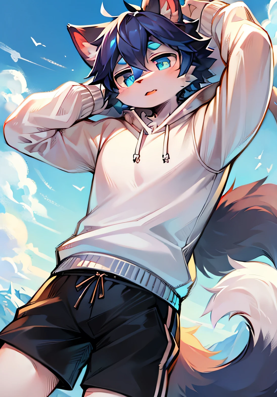 Cat,male,love,Furry ears,Fluffy tail,White sweatshirt,Black shorts,high quality,Sky blue pupils,Strong arms