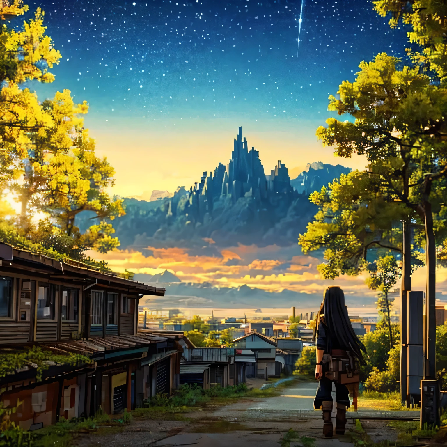There is a girl with long hair wearing a black top walking towards a post-apocalyptic city surrounded by natural flora, street filled with natural flora, starry sky with a slight touch of light, mountains seen in the distance, pixel art