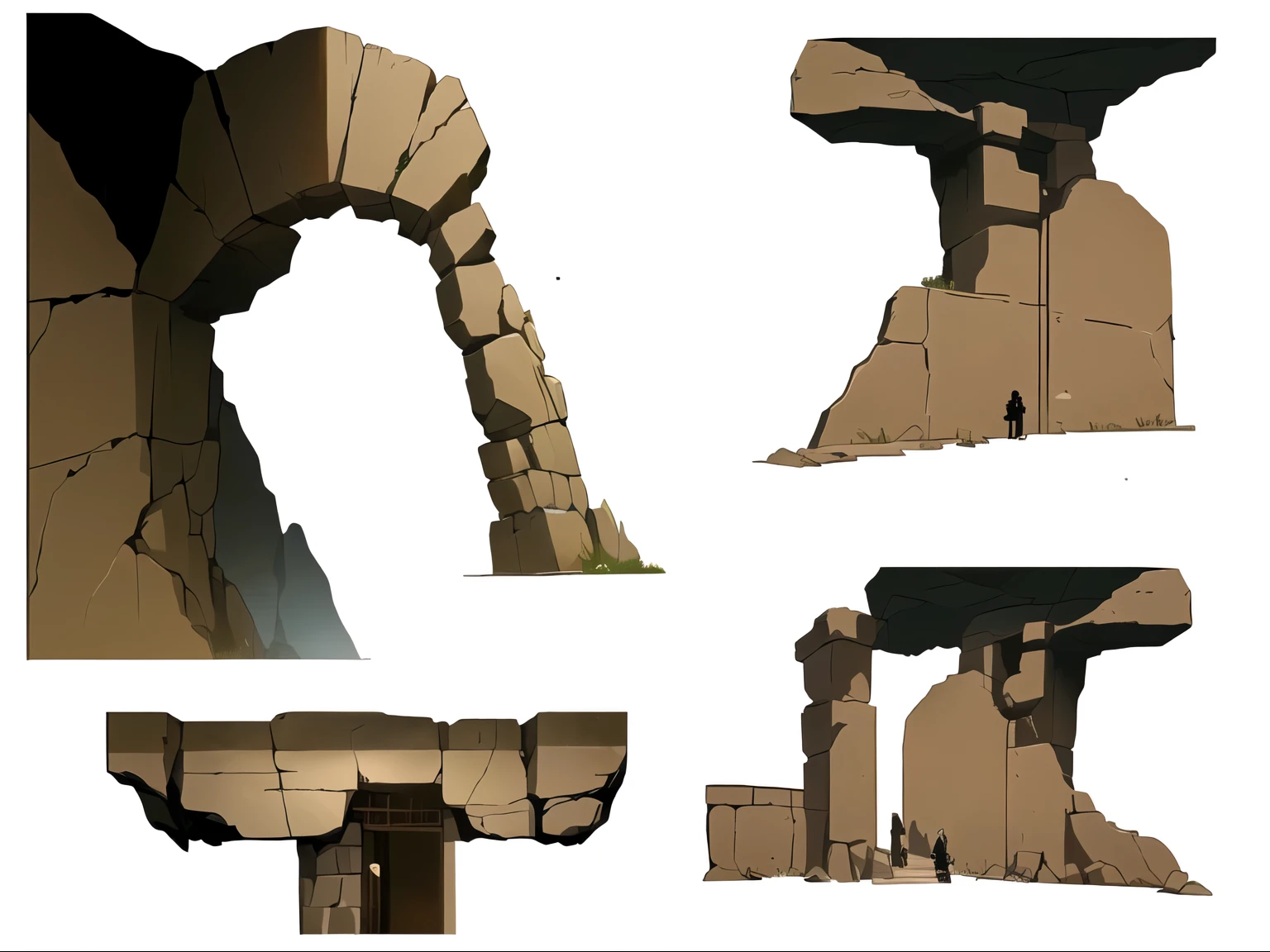 um close de um arco de pedra com uma porta e uma janela, estruturas de tumbas gigantes, arte conceitual, arte conceitual, arte conceitual, arte conceitual, arcos rochosos, 2d arte conceitual, arcos rochosos, ruins, design de ambiente de jogo 2 d, sistema de cavernas, cave scenery, hard edges arte conceitual, environment arte conceitual, game arte conceitual