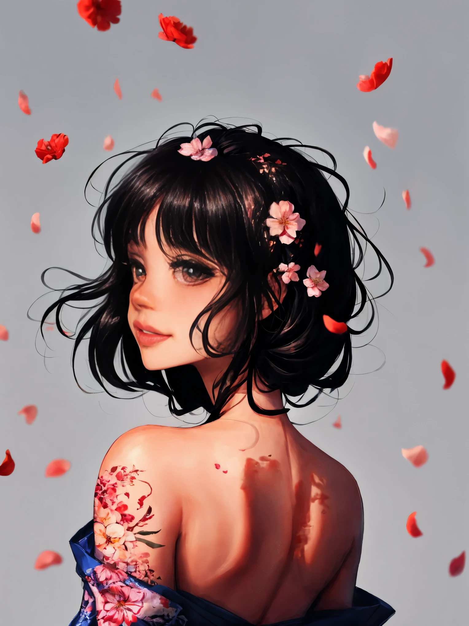 score_9, score_8_up, score_7_up, Japanese teenage girl, floral kimono, exposed shoulders, from behind, beautiful face, thick eyelashes, glossy eyes, black hair, cute smile, dark eyeshadow, shoulders tattoos, back tattoos, floral decoration in hair, falling petals, beautifully backlit, wideshot