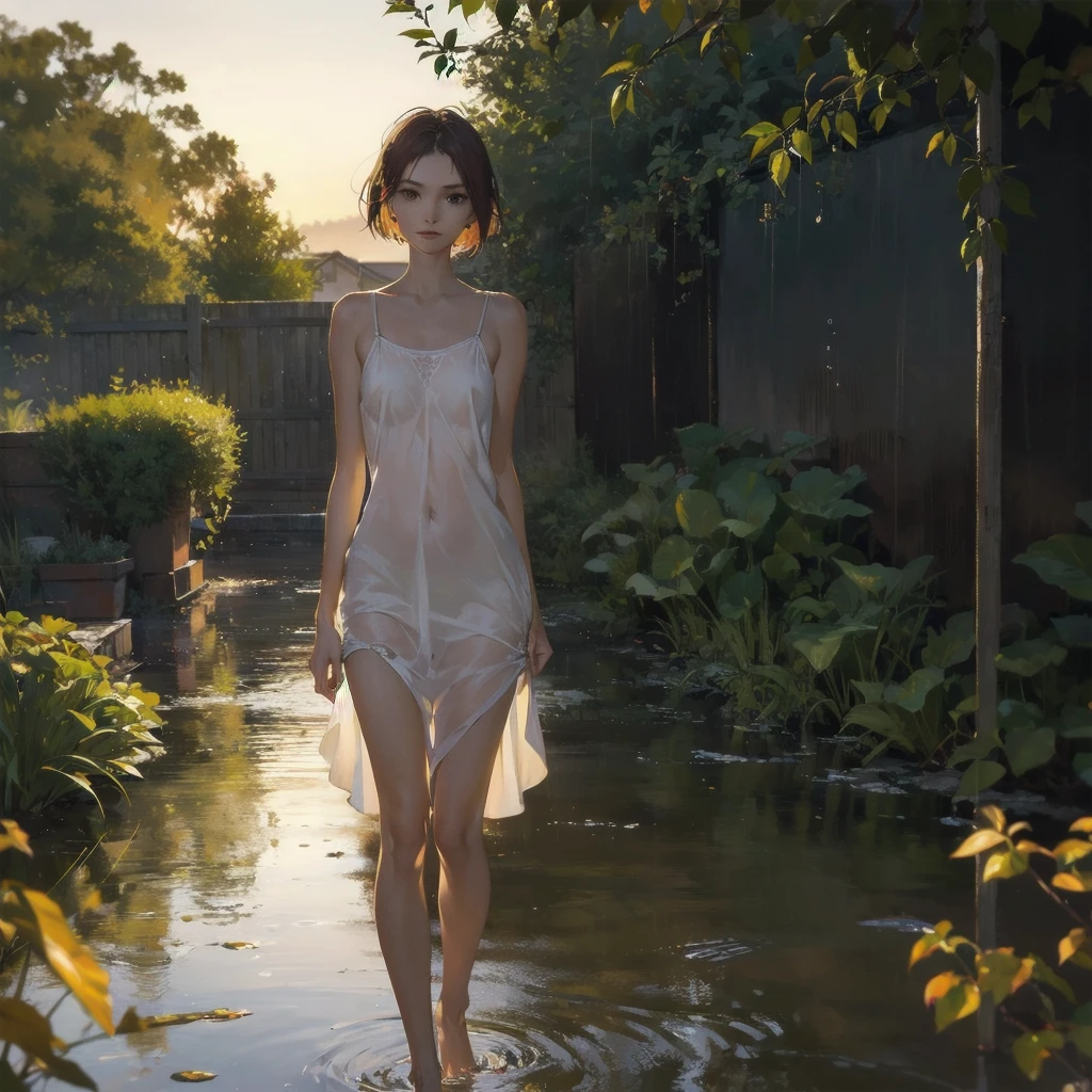 Exquisite, slender, delicate girl of 16 years old with a perfect gentle face of the southern type (with short burgundy hair) with freckles with a ruby earring in the rays of the rising sun, naked with tender breasts with (pink nipples) (barefoot) (in pink colors) (on the veranda in the garden) Drinks (coffee) and looks at the flowers, in watercolor style, discreet light shades, Flares, imitation of film photography, against the sun, (strong wind), nudity, a lot of sun glare, light fills the frame, olive and grape groves, Brick Road, high image quality, Maximum detail, sunset lighting, Warm evening shades, (warm golden and olive sunset light), big space eyes, olive and grape groves, Brick Road