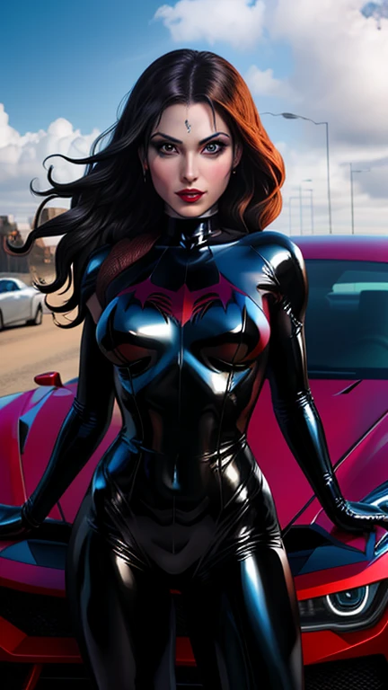 Araffe in a latex suit standing in front of a car, Cosplay em Black Harley Queen, amouranth as a super villain, ( ( Mulher-Aranha ) ), wearing black latex outfit, Mulher Aranha, Alena Aenami e Artgerm, black latex suit, Mulher-Aranha!!!!!, wearing atsuko kudo latex outfit, Lara Croft como Mulher-Aranha