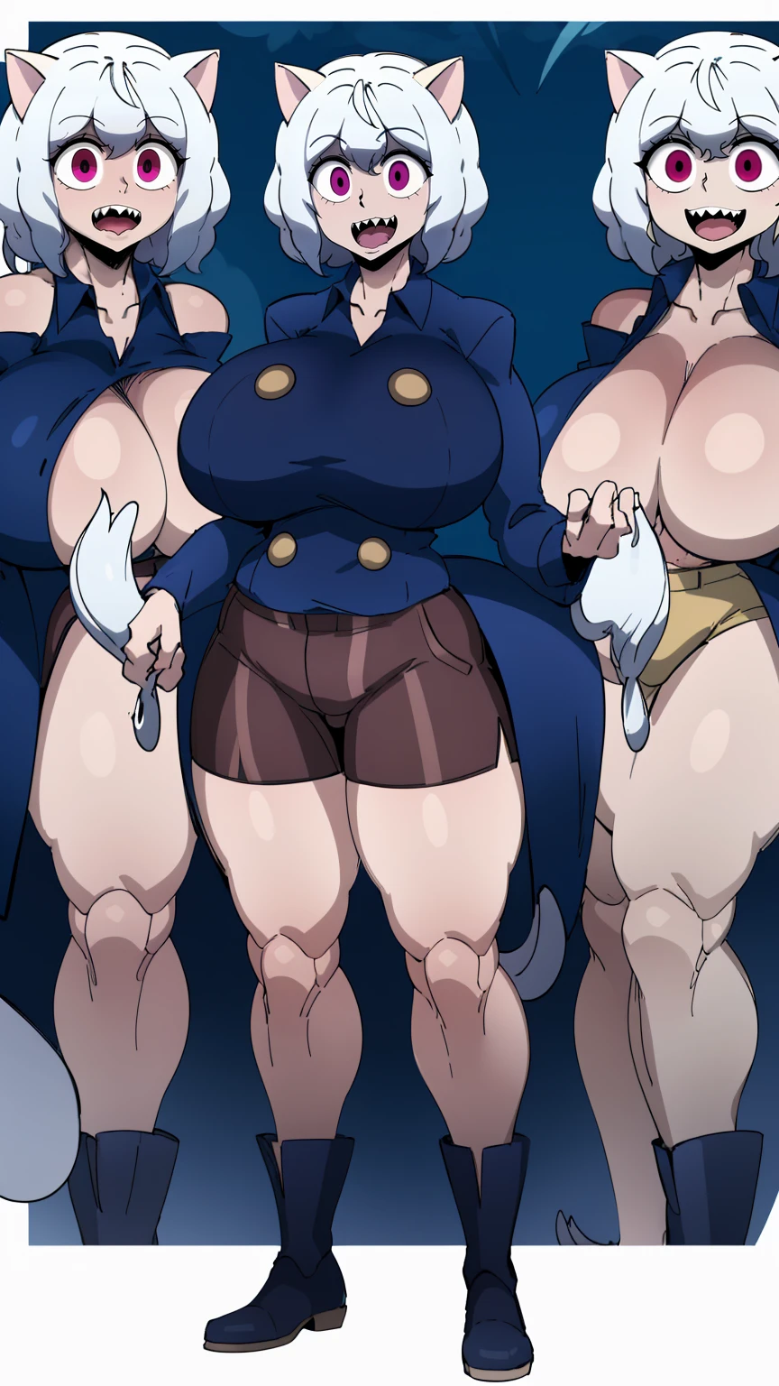solo,open mouth,fangs,smile, Neferpitou,1girl,red eyes,cat ears, blue jacket,double-breasted, (nature:1.2),stading, full body, boots, huge breast, curvy, tall female,refsheet, cat tails,Neferpitou,1girl,red eyes,cat ears, blue jacket,double-breasted, (brown shorts:1.2),striped, brown socks,blue footwear, doll joints,(nature:1.2),solo,combat stance,lora:add_detail:1>,solo,open mouth,fangs,smile, fangs, sharpteeth,,{best quality}, {amazing quality} {best quality},{amazing quality},, {absurdres},{{highres}}, {very aesthetic}, {detailed}, curvy, tall, huge breast, character focus, white background,full-length portrait,