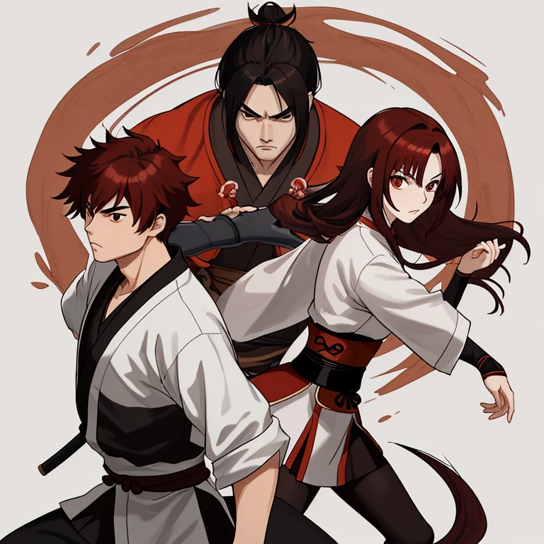 Long brown-red hair samurai girl with short black hair Kung fu boy, abrazados, ambos de piel blanca