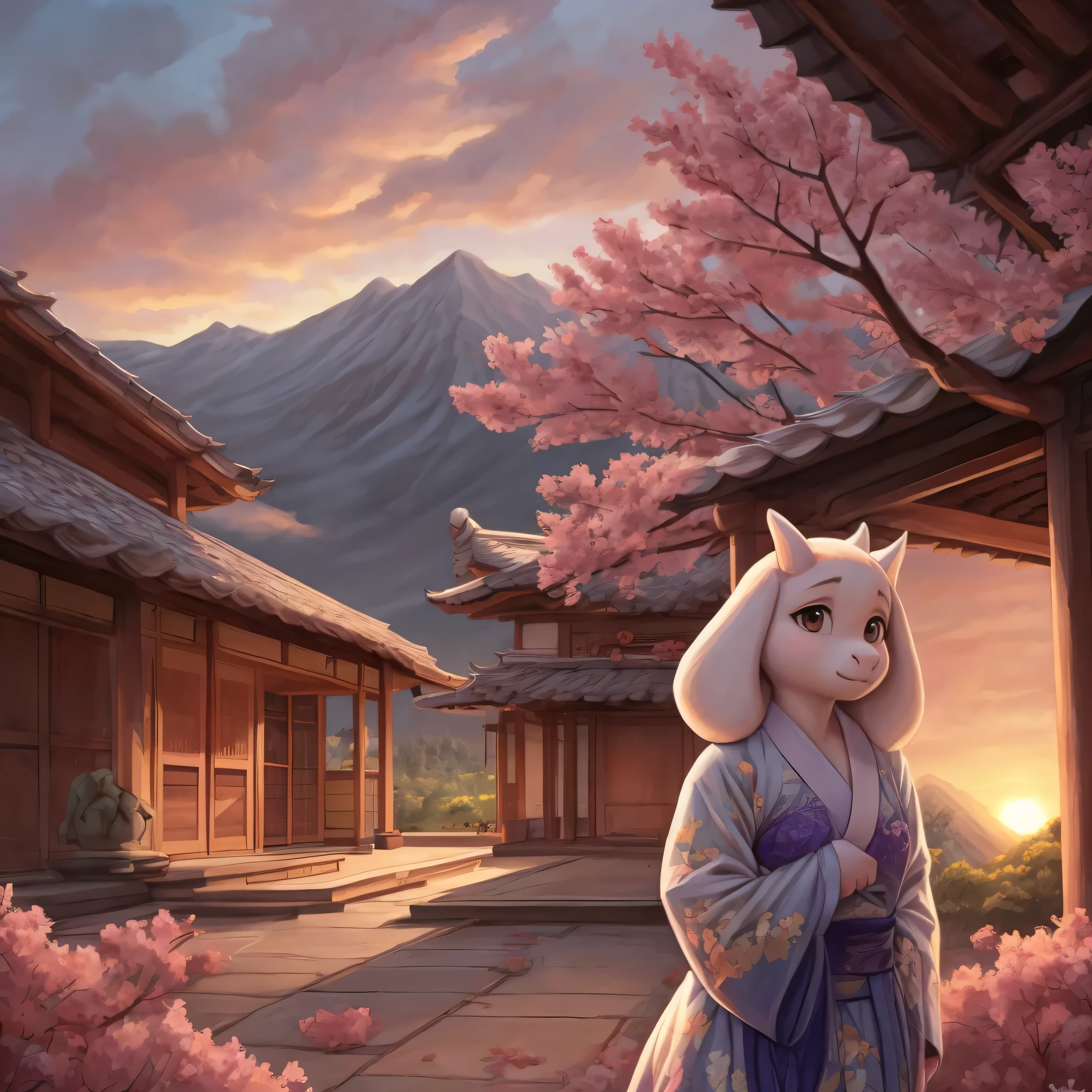 By chelodoy, Toriel, young, yukata, sakura, sunset, Japanese house and mountain on the background