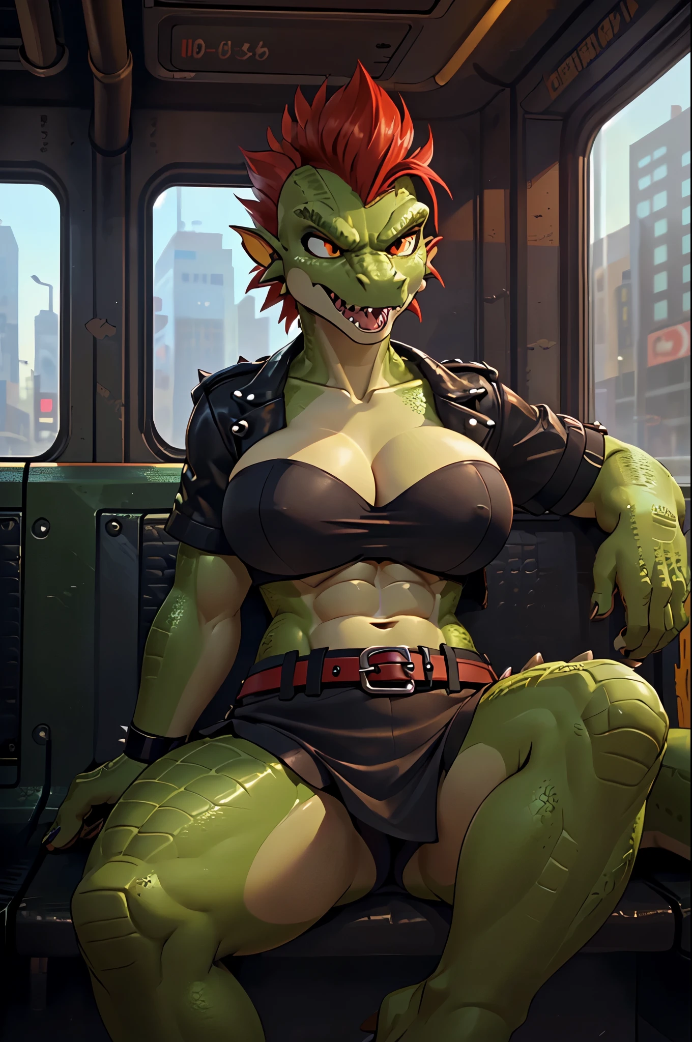 masterpiece, top quality, best quality, highly detailed, 8k, super high resolution, absurdres, perfect anatomy, ((highly detailed beautiful face and eyes)), solo focus, (scalie female anthro), (adult), (((scalie green crocodile body))), (lizard snout, detailed green scales), (yellow underbelly), orange eyes, ((spiky deep red undercut)), ((large breasts, wide hips, defined abs)), (((open mouth, sitting, legs crossed))), (((angry expression, scowling))), ((biker jacket, black bandeau, short sleeves)), ((((black miniskirt with red belts)))), ((fingerless gloves)), ((ripped stockings)), (subway backdrop, window, signs, seats)