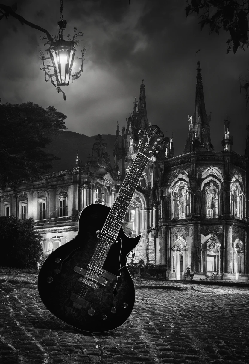 Brasileiro, tocando guitarra, na chuva, a noite, luz do poste em cima.