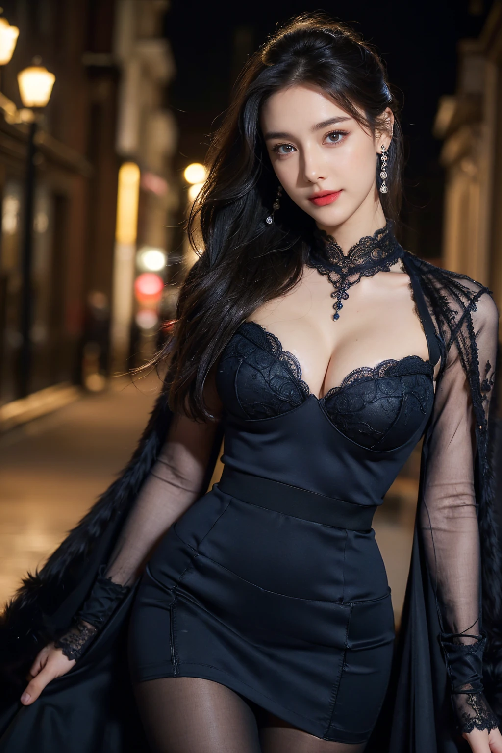 (Canon RF85mm f/1.2), (8k, RAW photos, best quality), (masterpiece), (realistic, photograph realistic), (ultra-detailed, High detail, Best image quality, super detailed, high resolution, Very detailed, Extreme detail description, hyperdetailed painting, An extremely delicate and beautiful work), Beautiful detailed girl, solo girl, ((Perfect Figure)), Very detailed eyes and face, fair skin, noble beauty, ((detailed skin texture, pore)), perfect anatomy, Beautiful detailed whole body, delicate face, (slender abs, slim waist, large hip), (big breasts, Bulging breasts), (cleavage:1.3), (affectionate look, soulful eyes, glowing eyes), (beautiful and clear eyes), (bouffant tie hair up), (smile:1.0), (Enchanted expression), (charming appearance), ((An extremely detailed and elegant see-through dark blue lace shirt, red skirt:1.2)), ((black fur coat:1.2)), ((black hose)), head gear, highly detailed necklace, delicate hair clip, Delicate earrings, ((view over street, city, midnight)), ((the night)), physically-based rendering, (((the body from the thighs up:1.3))), ((looking at viewer)), ((standing)), ((noble and delicate))
