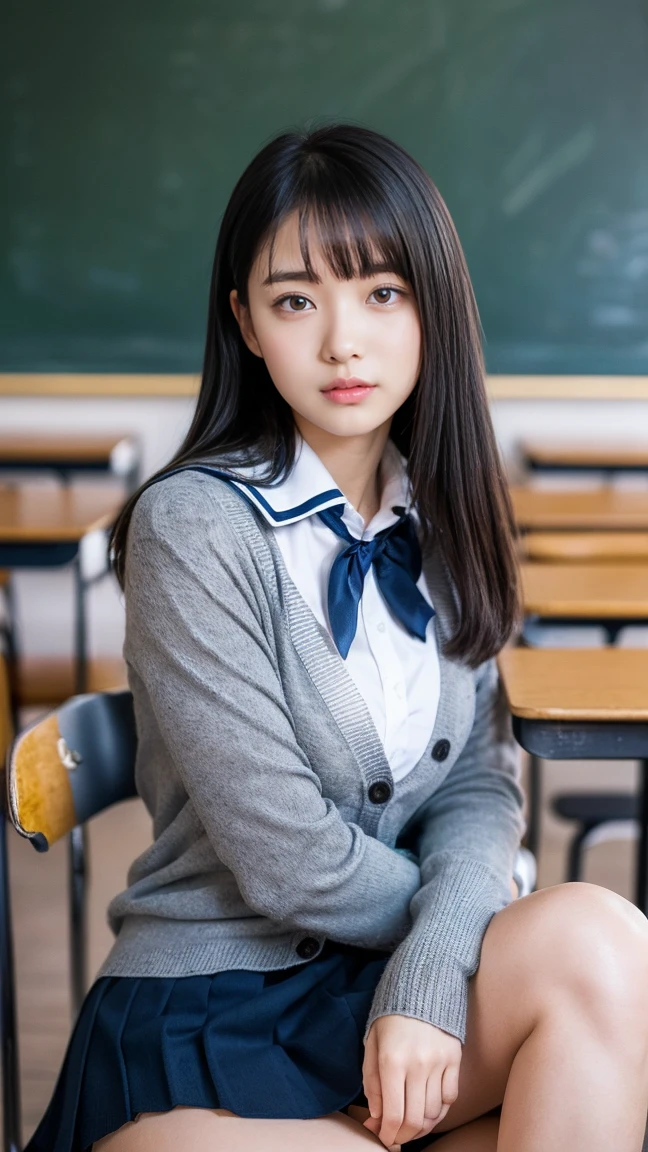 alone、high school girl、16 years old、Natural body shape、White skin、Natural Makeup、Black Hair、bangs、Straight Long Hair、、((((School uniform、White blouse、Grey long sleeve cardigan、Dark blue school ribbon))))、((((Navy blue pleated skirt、mini skirt))))、、((Big Breasts:1.3))、((()))、((The upper body is in uniform))、School classroom、(((((Looking at the camera)))))、(((Thighs and knees exposed)))、(((Head to knee portrait)))、Focus on the chest、Sitting with legs apart