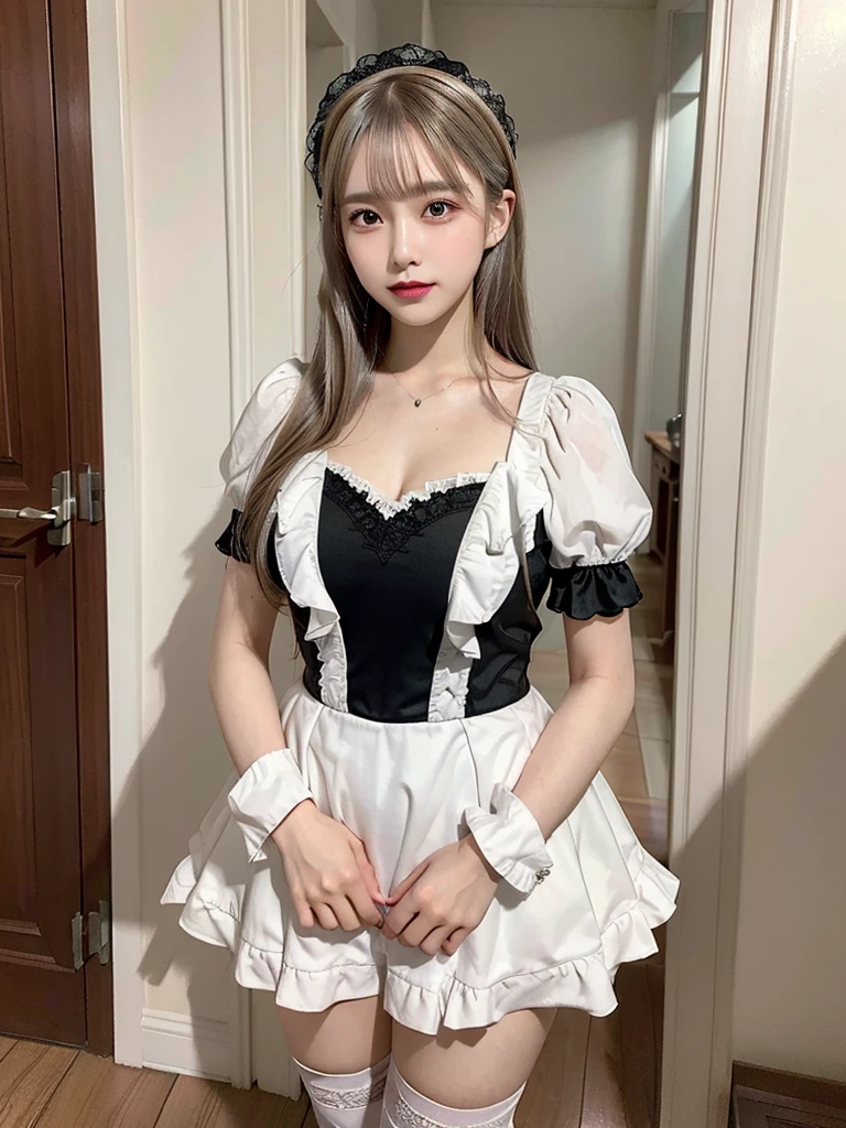 (8K, Photorealistic, Raw photo, of the highest quality: 1.3), (1girl in), Super beautiful, (Realistic face), (boyish, Silver Color Berry Shorthair), Beautiful , Glare that captivates the viewer, Beautiful expression, Beautiful breasts, (Realistic skin), Be...Super high quality, super high definition, super detailed, masterpiece, 20years old, female, cute, perfect face, beautiful, nice body, gothic lolita clothes, gothic lolita fashion, frilly skirt, headdress, necklace, bracelet, knee-high socks, boots, double eyelids, tear bags, Detailed down to the fingers, photo-like description, indoors, dim indoor lighting, blonde hair, short bob, standing, whole body, composition that shows the whole body, smiling