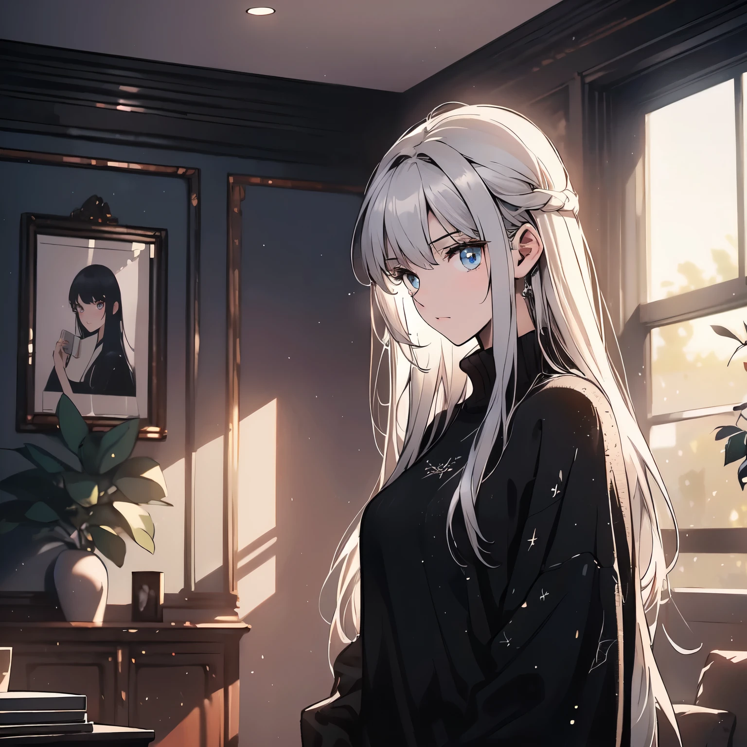 A white hair,20-year-old girl in a black sweater,Standing in the living room of the house,Looking out the window,Expression of indifference(Upper body display:1.5)(cinematic lighting:1.5))(ultra-high detail:1.5)(best quality:1.5)