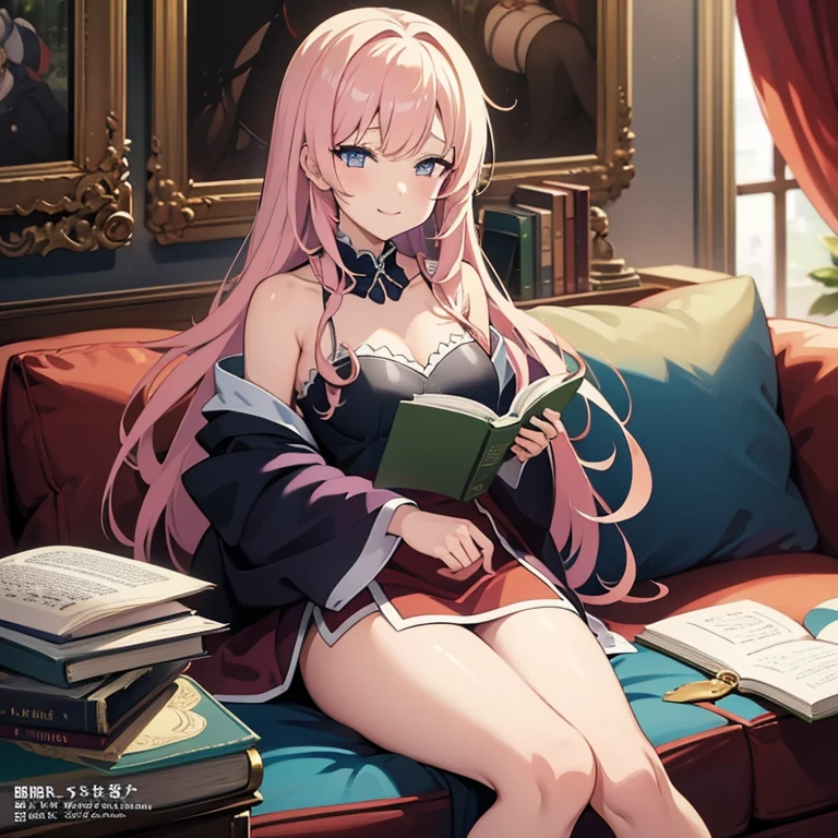 Cartoon character sitting on a sofa reading a book and looking at the camera, Illustration for a fairy tale by Kamaguruka, Pixiv, mannerism, Epic light novel art cover, epic Light novel cover, Light novel cover, isekai, Artbook artwork, Naughty anime style, Visual novel cg, Visual novel key visual, Naughty, ; Visual novel