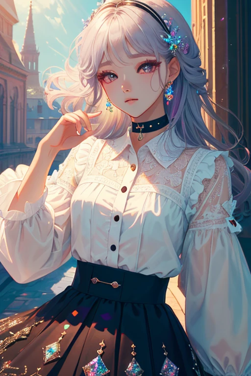 1girl, buttoned shirt, skirt, Choker, cute little, (Kpop Idle), (attractiveness:1), ((Puffy eyes)), tenderness, Irridescent color, Rainbow, edgCrystal, pose, (Highly detailed), (high resolution), (Best quality), (masterpiece)

