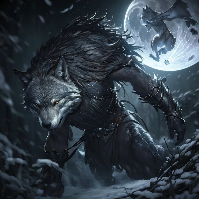 (master piece:1.5), (best quality:1.5), (exquisite lighting and shadow, highly dramatic picture, cinematic lens effect) (Photorealistic picture) (Card game image) 8k, wallpaper, dynamic pose, full body were wolf warrior, full moon background, ethereal lighting, sharp focus, highly detailed, realistic, cinematic lighting, studio quality
