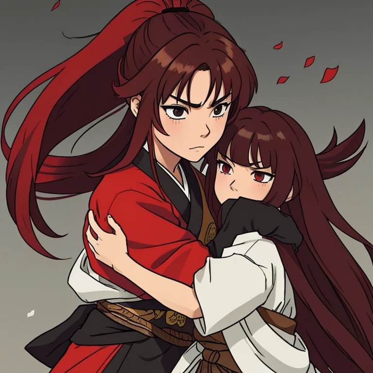 Samurai girl with long hair color between brown and red, heartbroken over a breakup from a short black haired ninja boy