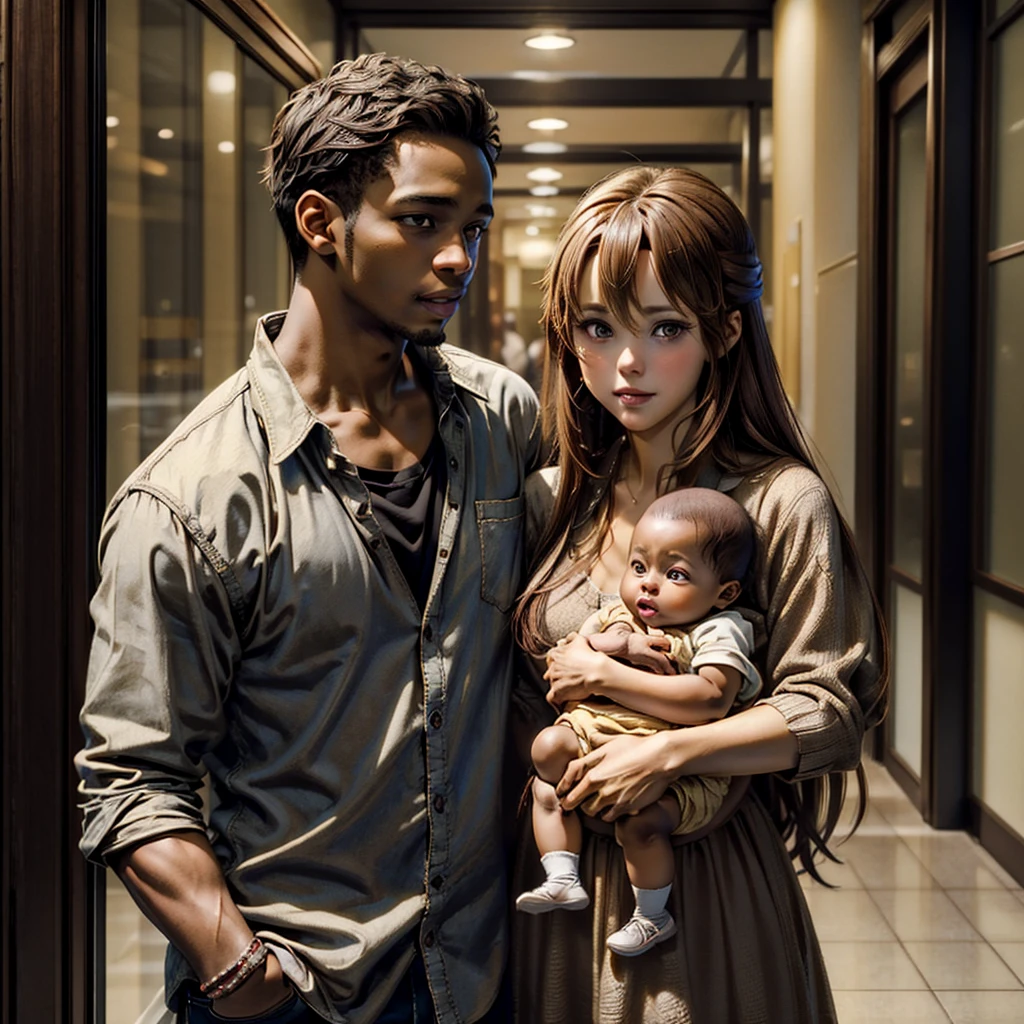 ((highest quality)), ((masterpiece)), Perfect Face、((Yuuki Asuna))、Brown Hair、((A woman holds a black baby))、Black man and woman standing close together、Black man fondling woman&#39;s breasts、Woman pregnant with black boy、（Breastfeeding）、Black men have dark skin and strong bodies