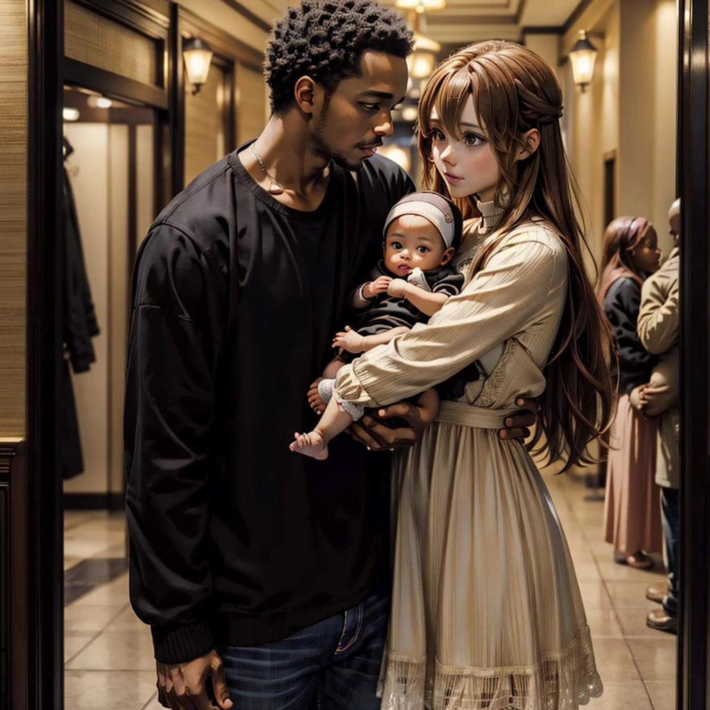 ((highest quality)), ((masterpiece)), Perfect Face、((Yuuki Asuna))、Brown Hair、((A woman holds a black baby))、Black man and woman standing close together、Black man fondling woman&#39;s breasts、Woman pregnant with black boy、（Breastfeeding）、Black men have dark skin and strong bodies