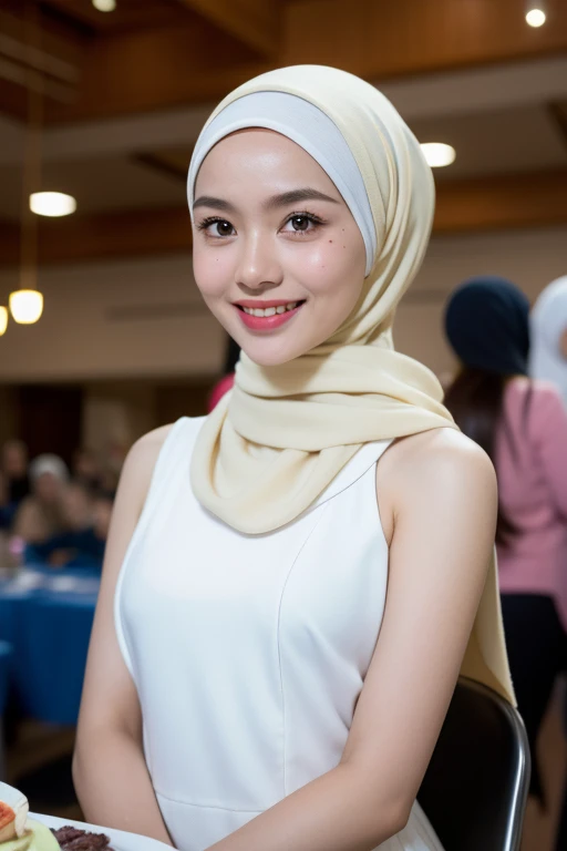 Malay girl in hijab, wear pastel white peplum dress, going to dinner, smiling, very long white hijab, wear necklace, front view, hijab blown, windy, detail skin, age spot, detail skin texture, mole below eyes, small breast, flat chest, wide hips, small waists, thick thighs, slim abs, beautiful body, nighttime, laughing, happy, bright lighting, people in background, college gym background, blur background, bokeh, location: dinner hall,