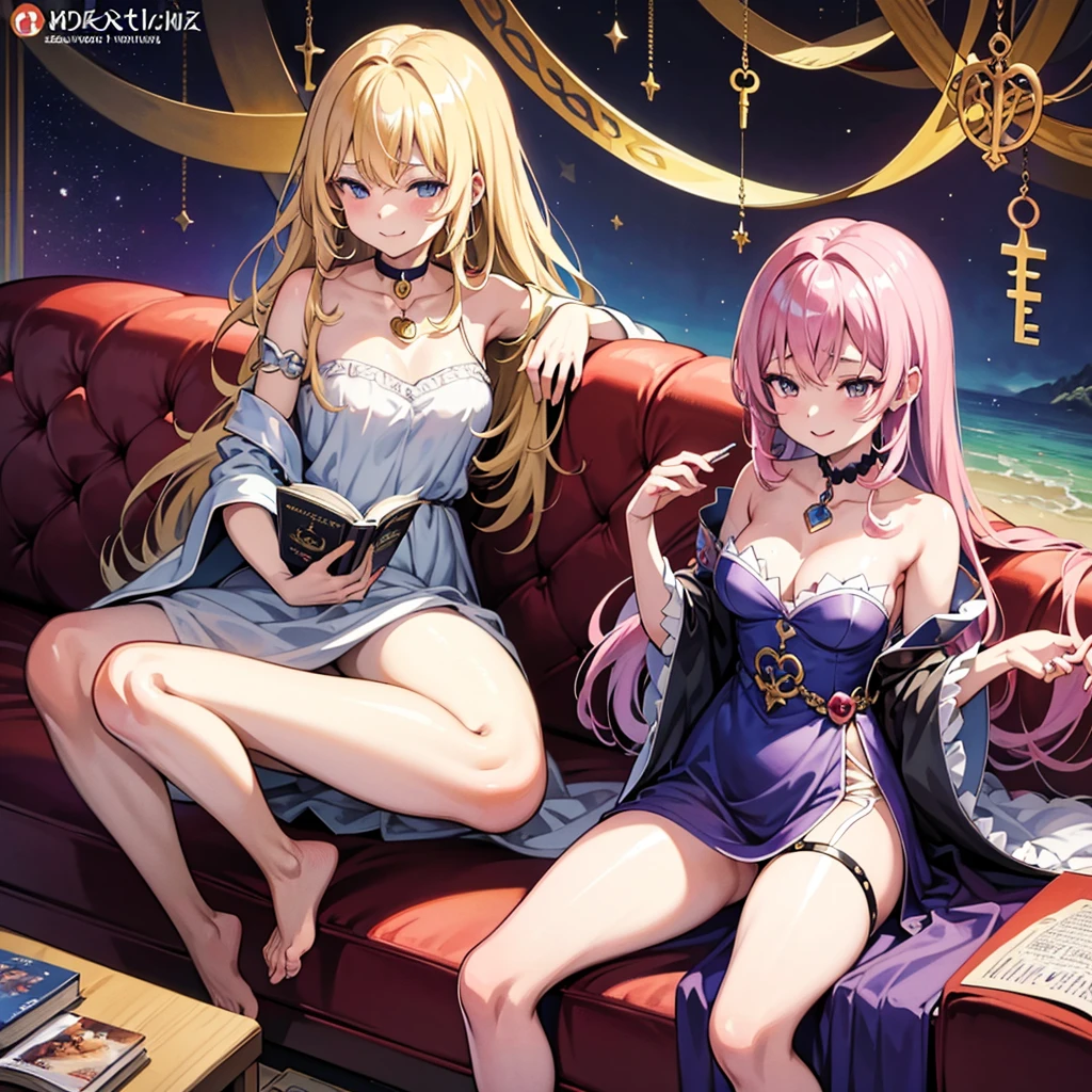 Cartoon character sitting on a sofa reading a book and looking at the camera, Illustration for a fairy tale by Kamaguruka, Pixiv, mannerism, Epic light novel art cover, epic Light novel cover, Light novel cover, isekai, Artbook artwork, Naughty anime style, Visual novel cg, Visual novel key visual, Naughty, ; Visual novel