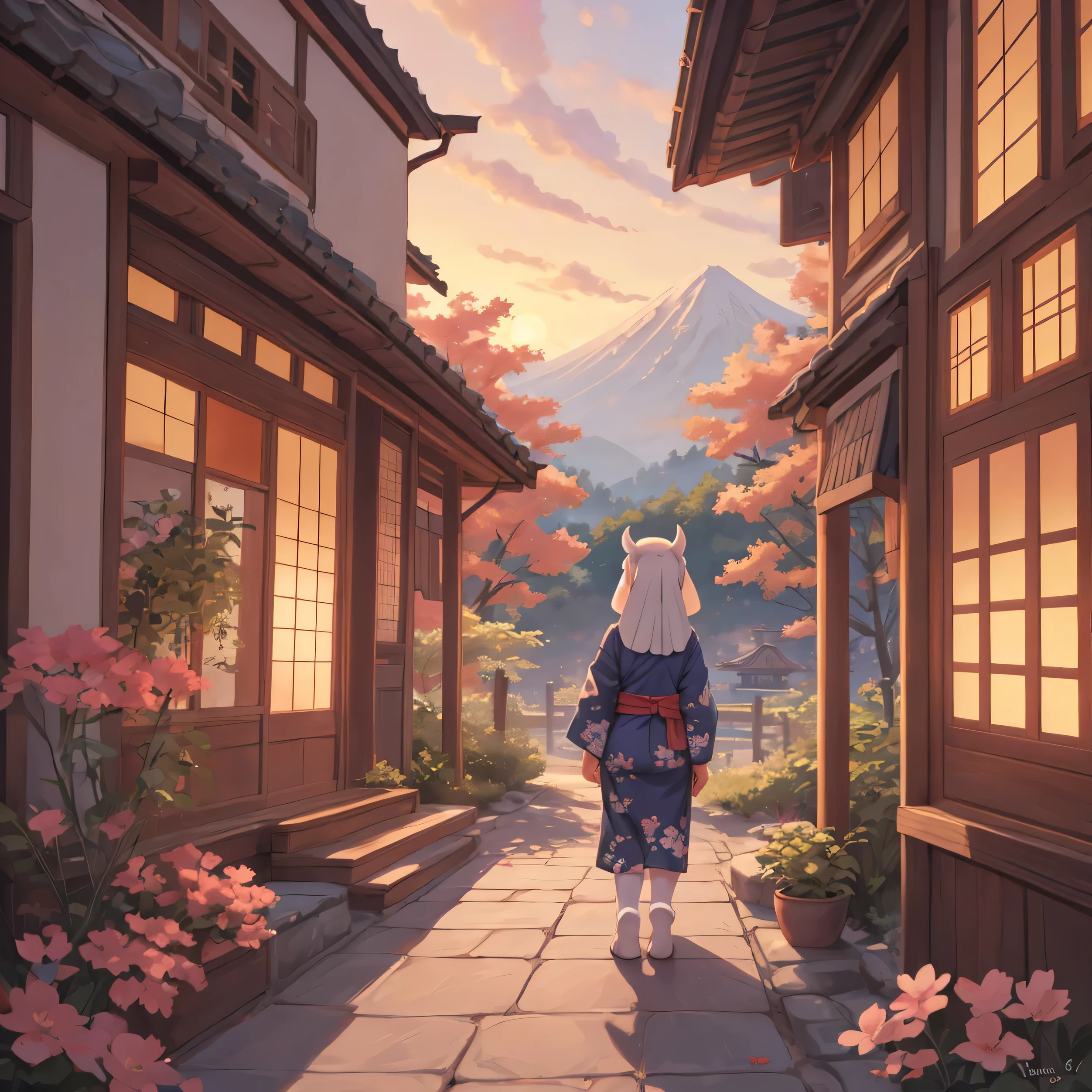 By chelodoy, Toriel, young, yukata, sakura, sunset, Japanese house and mountain on the background