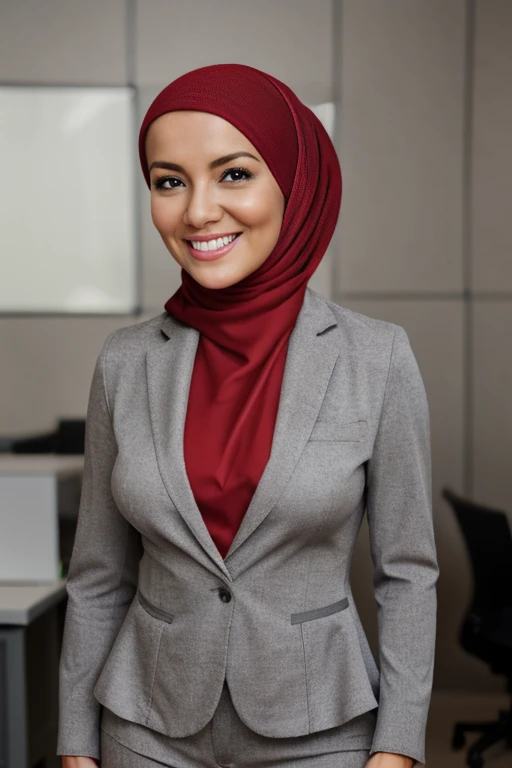 "Provide a detailed description and potential marketing ideas for a woman in a professional setting, wearing a sleek black corporate uniform with a hijab. The uniform features red accents on the buttons and cuffs, giving it a modern yet modest appearance. Focus on the significance of stylish yet comfortable corporate attire for women in a professional environment, especially for those who value elegance combined with modesty."