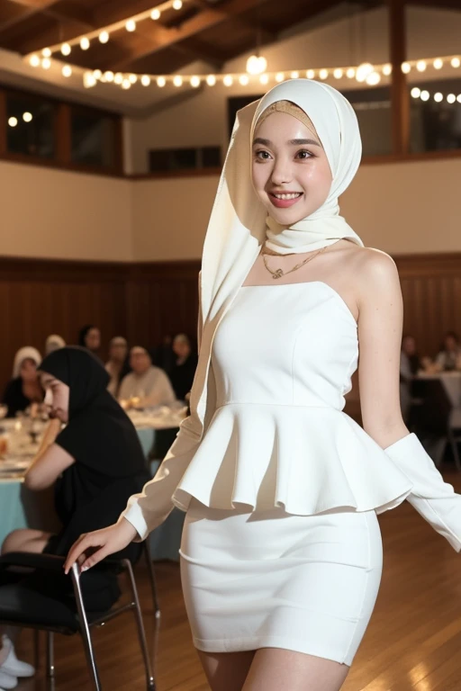 Malay girl in hijab, wear pastel white peplum dress, going to dinner, smiling, very long white hijab, wear necklace, front view, hijab blown, windy, detail skin, age spot, detail skin texture, mole below eyes, small breast, flat chest, wide hips, small waists, thick thighs, slim abs, beautiful body, nighttime, laughing, happy, bright lighting, people in background, college gym background, blur background, bokeh, location: dinner hall,