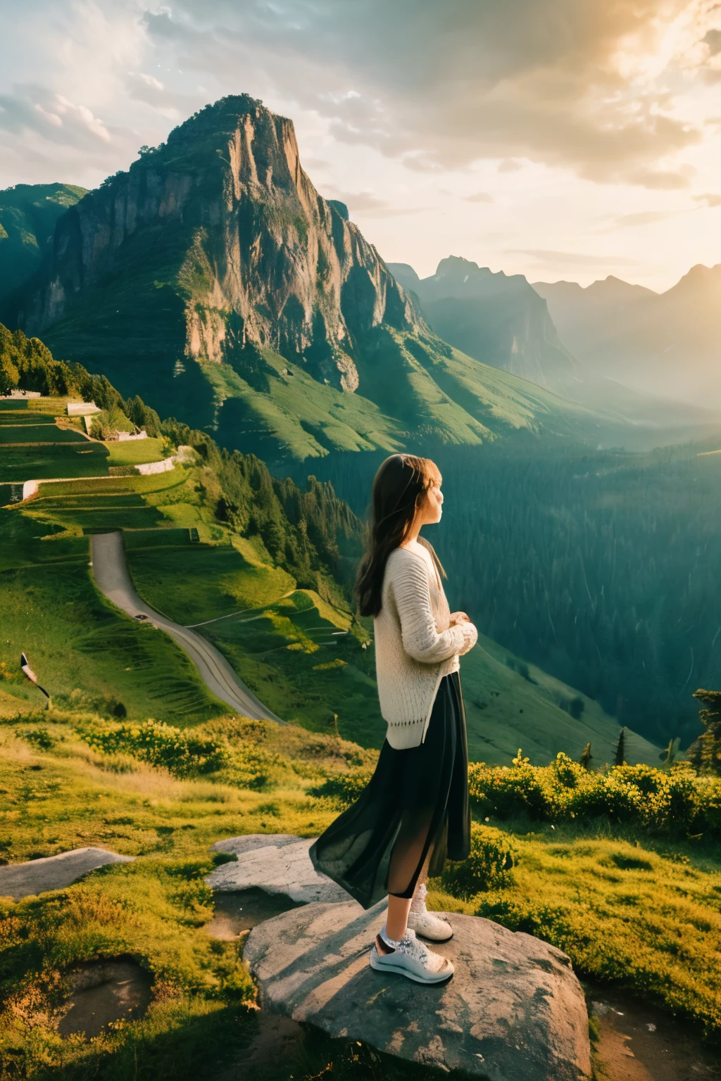 Keeping the balance between the girl and the scenery、Generate natural looking images　Change to sunset