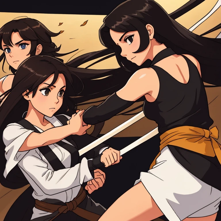 Girl with long brown to light hair fighting a ninja with short black hair, hay amor en el aire
