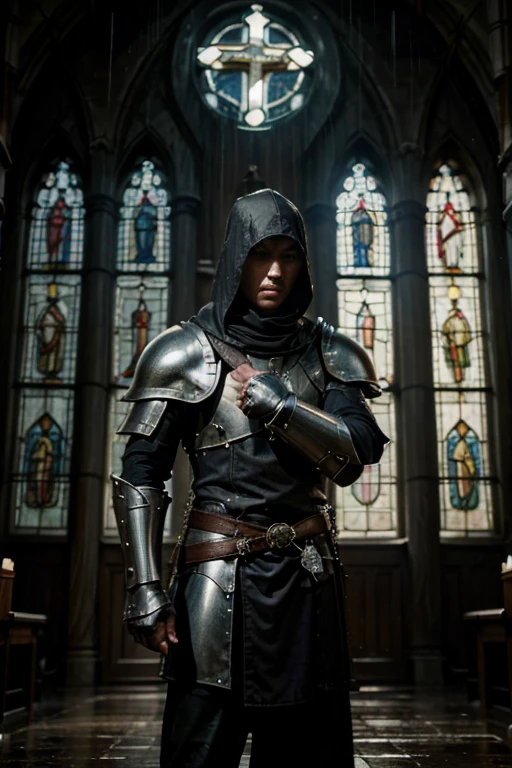 Epic young man knight templar,hard training in the rain,outside religious church,defending faith,Catholic Church,medieval armor,battle-ready sword,strong physique,determined expression,driven by honor and chivalry,perseverance despite the challenging weather,detailing armor,shining armor plating,majestic church facade,stained glass windows,religious symbols,stormy atmosphere,heavy rain pouring down,muddy ground,slashing raindrops,thunderous background,thick clouds painting the sky(best quality,4k,8k,highres,masterpiece:1.2),ultra-detailed,realistic:1.37),HDR,UHD,studio lighting,sharp focus,vivid colors,dark color palette,dramatic lighting highlighting the knight's silhouette,flickering candle illuminating the church,sense of mystery and devotion to the faith,emblematic painting style.