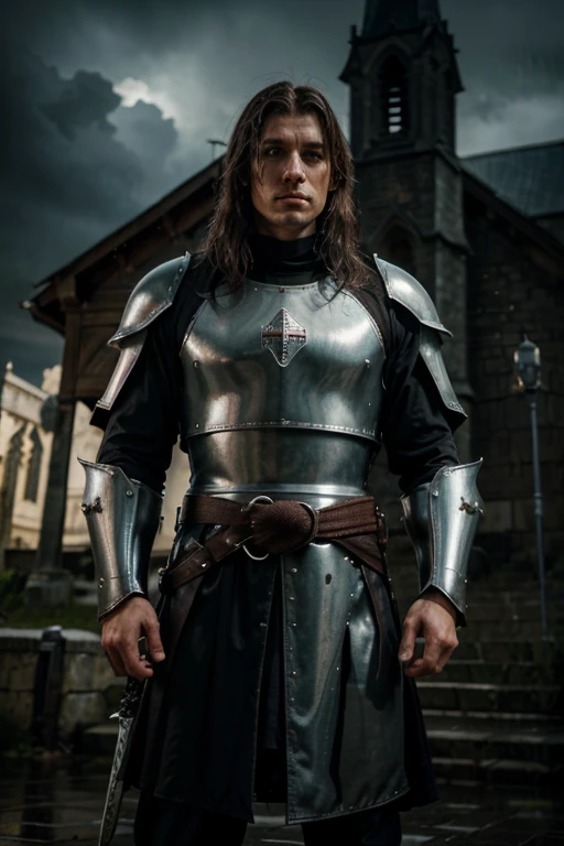 Epic young man knight templar,hard training in the rain,outside religious church,defending faith,Catholic Church,medieval armor,battle-ready sword,strong physique,determined expression,driven by honor and chivalry,perseverance despite the challenging weather,detailing armor,shining armor plating,majestic church facade,stained glass windows,religious symbols,stormy atmosphere,heavy rain pouring down,muddy ground,slashing raindrops,thunderous background,thick clouds painting the sky(best quality,4k,8k,highres,masterpiece:1.2),ultra-detailed,realistic:1.37),HDR,UHD,studio lighting,sharp focus,vivid colors,dark color palette,dramatic lighting highlighting the knight's silhouette,flickering candle illuminating the church,sense of mystery and devotion to the faith,emblematic painting style.