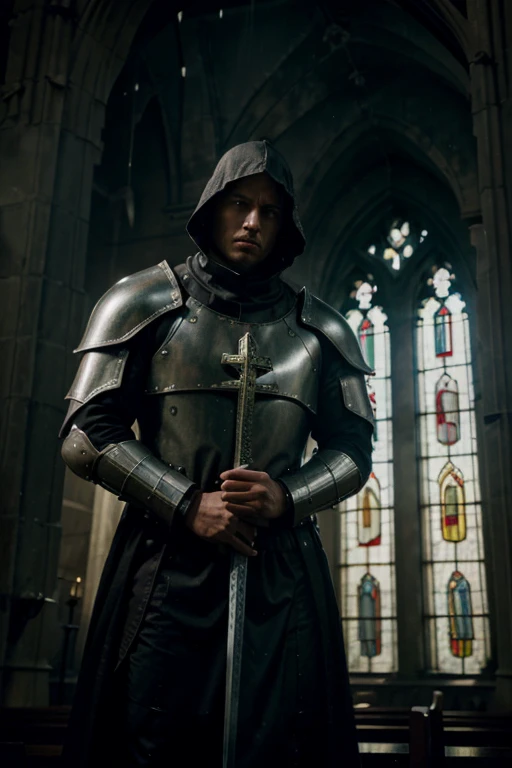 Epic young man knight templar,hard training in the rain,outside religious church,defending faith,Catholic Church,medieval armor,battle-ready sword,strong physique,determined expression,driven by honor and chivalry,perseverance despite the challenging weather,detailing armor,shining armor plating,majestic church facade,stained glass windows,religious symbols,stormy atmosphere,heavy rain pouring down,muddy ground,slashing raindrops,thunderous background,thick clouds painting the sky(best quality,4k,8k,highres,masterpiece:1.2),ultra-detailed,realistic:1.37),HDR,UHD,studio lighting,sharp focus,vivid colors,dark color palette,dramatic lighting highlighting the knight's silhouette,flickering candle illuminating the church,sense of mystery and devotion to the faith,emblematic painting style.