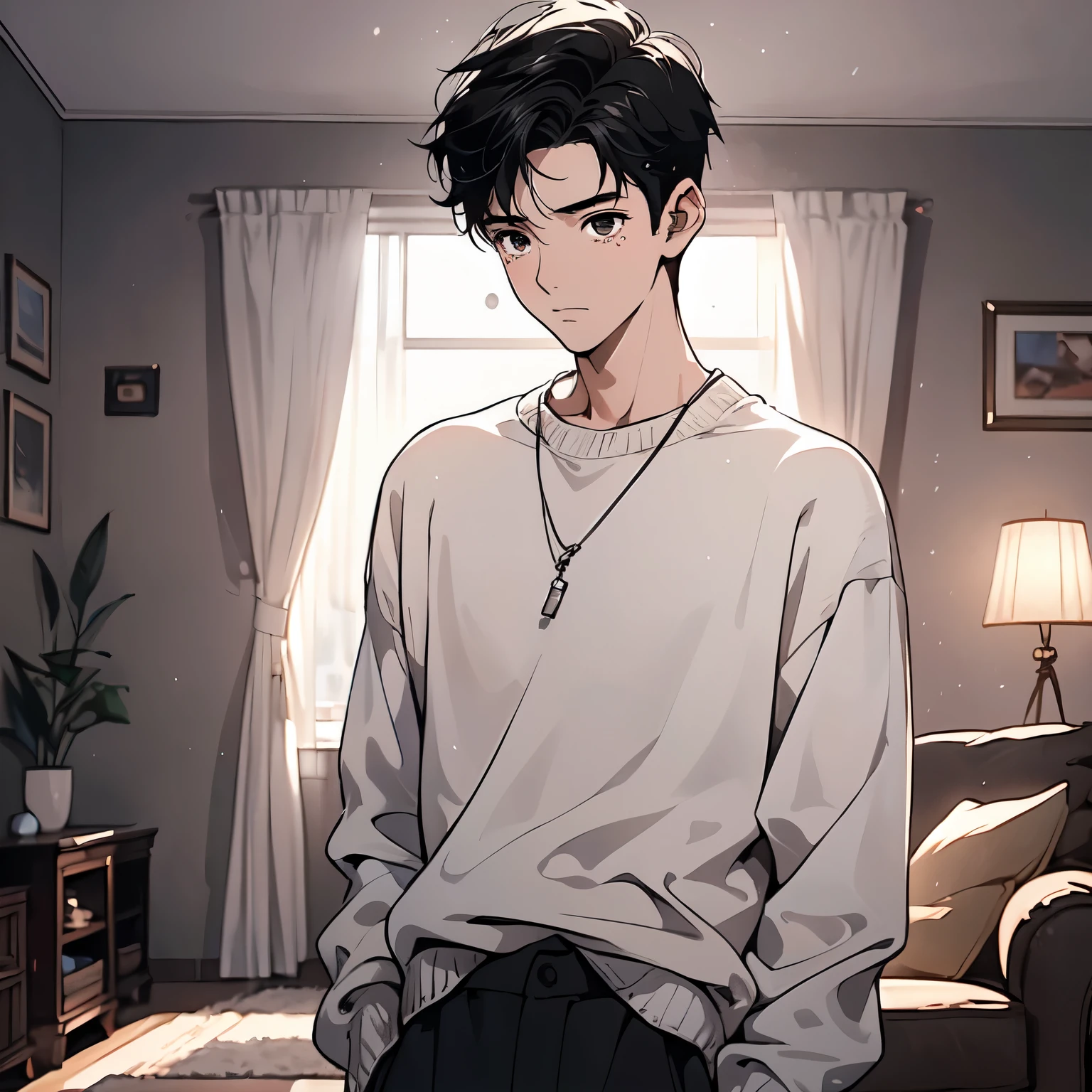 A black hair，18-year-old man in white sweater，Standing in the living room of the house，Sad expression，Laugh and cry，Tears（Upper body display：1.5）（cinematic lighting：1.5）)(ultra-high detail:1.5)(best quality:1.5)