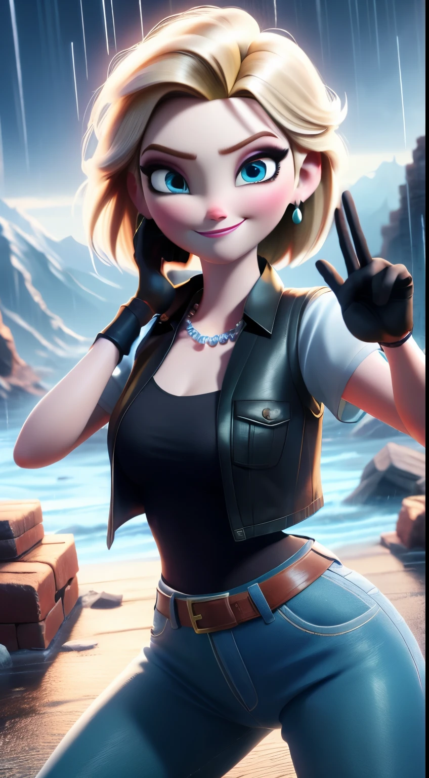 best quality, high-res, and18, 1girl, android 18, solo, blonde hair, blue eyes, belt, green jeans, pearl, necklace, bracelets, black gloves, white shirt, short hair, short sleeves, earrings, green leggings, open vest, black vest, medium breasts, cowboy shot, battle ruins, straight-on, mountain view, (weather: rainy), cute smile, combat stance, wide hips,