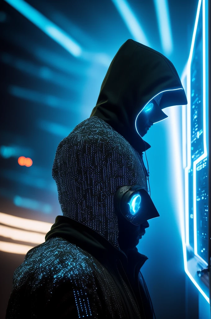 In the dimly lit digital arena, an anonymous figure emerges. His hood covers his eyes and face, a telltale sign of a cyber security expert operating in the shadows. The futuristic environment around him is a reflection of his advanced skills and sophisticated tools. The profile bust reveals intricate circuitry etched into the hood, a testament to his dedication and mastery of advanced technologies.
The background is a digital landscape of shifting binary codes and pulsating circuits, a chaotic symphony of ones and zeros. The figure's hands, glowing with an ethereal blue light, hover over a sleek control panel, poised to defend against any cyber-threat. His eyes,