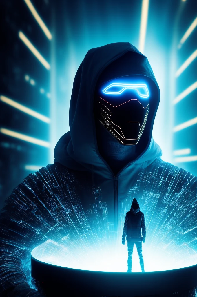 In the dimly lit digital arena, an anonymous figure emerges. His hood covers his eyes and face, a telltale sign of a cyber security expert operating in the shadows. The futuristic environment around him is a reflection of his advanced skills and sophisticated tools. The profile bust reveals intricate circuitry etched into the hood, a testament to his dedication and mastery of advanced technologies.
The background is a digital landscape of shifting binary codes and pulsating circuits, a chaotic symphony of ones and zeros. The figure's hands, glowing with an ethereal blue light, hover over a sleek control panel, poised to defend against any cyber-threat. His eyes,