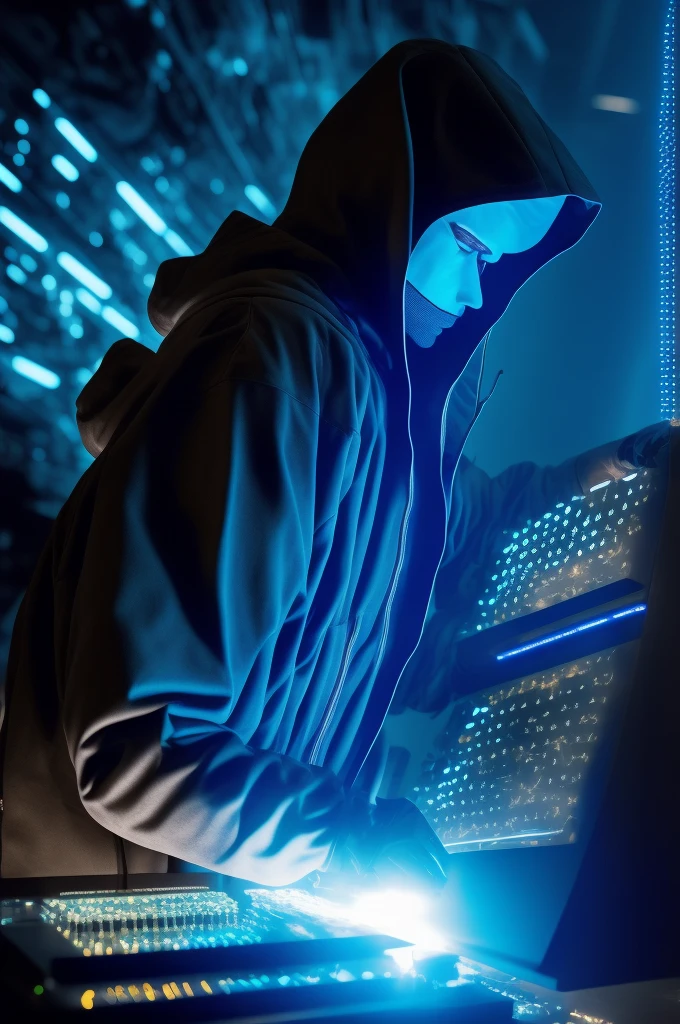 In the dimly lit digital arena, an anonymous figure emerges. His hood covers his eyes and face, a telltale sign of a cyber security expert operating in the shadows. The futuristic environment around him is a reflection of his advanced skills and sophisticated tools. The profile bust reveals intricate circuitry etched into the hood, a testament to his dedication and mastery of advanced technologies.
The background is a digital landscape of shifting binary codes and pulsating circuits, a chaotic symphony of ones and zeros. The figure's hands, glowing with an ethereal blue light, hover over a sleek control panel, poised to defend against any cyber-threat. His eyes,