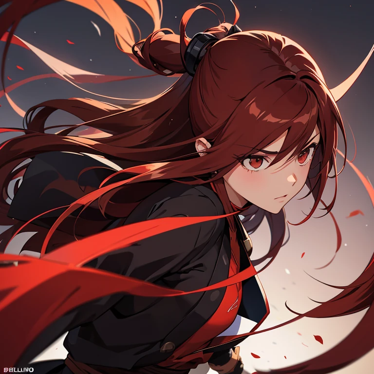 Girl with long hair color between brown and red, peleando contra un ninja de pelo negro corto con la boca tapada
