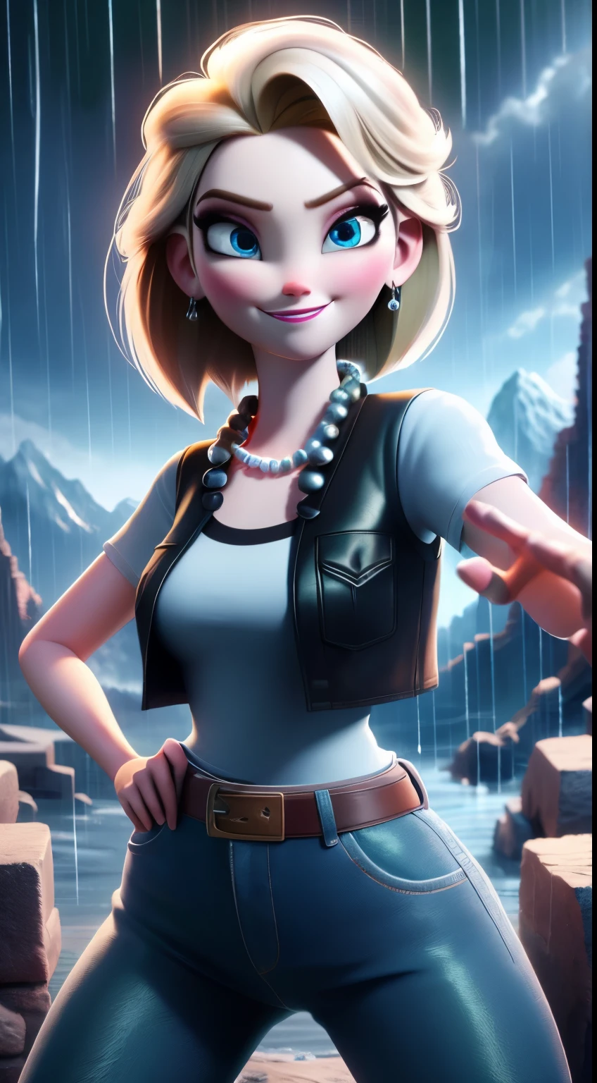 best quality, high-res, and18, 1girl, android 18, solo, blonde hair, blue eyes, belt, green jeans, pearl, necklace, bracelets, black gloves, white shirt, short hair, short sleeves, earrings, green leggings, open vest, black vest, medium breasts, cowboy shot, battle ruins, straight-on, mountain view, (weather: rainy), cute smile, combat stance, wide hips,