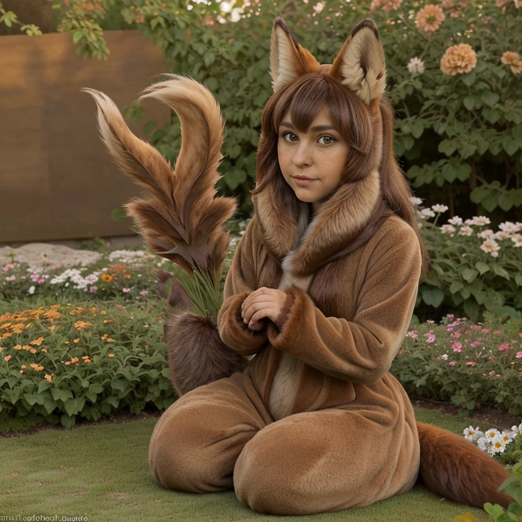 fox, (monster girl), long brown ears with darker brown inside, brown fur, tan neck fluff, brown fluffy tail with a tan tip, large brown eyes, wearing modest clothing, sitting in a flower garden, masterpiece, best quality