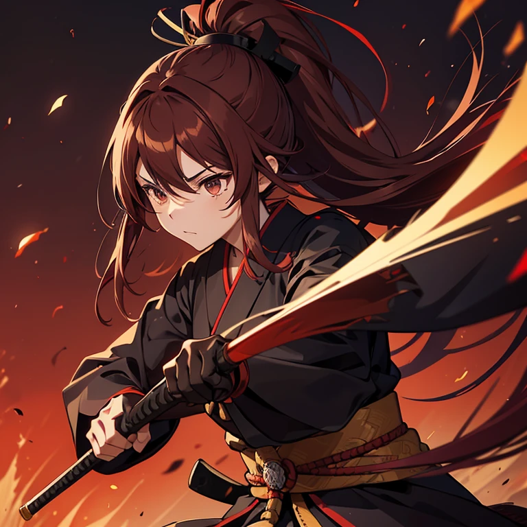 Samurai girl with long hair color between brown and red, peleando contra un ninja de pelo negro corto con la boca tapada