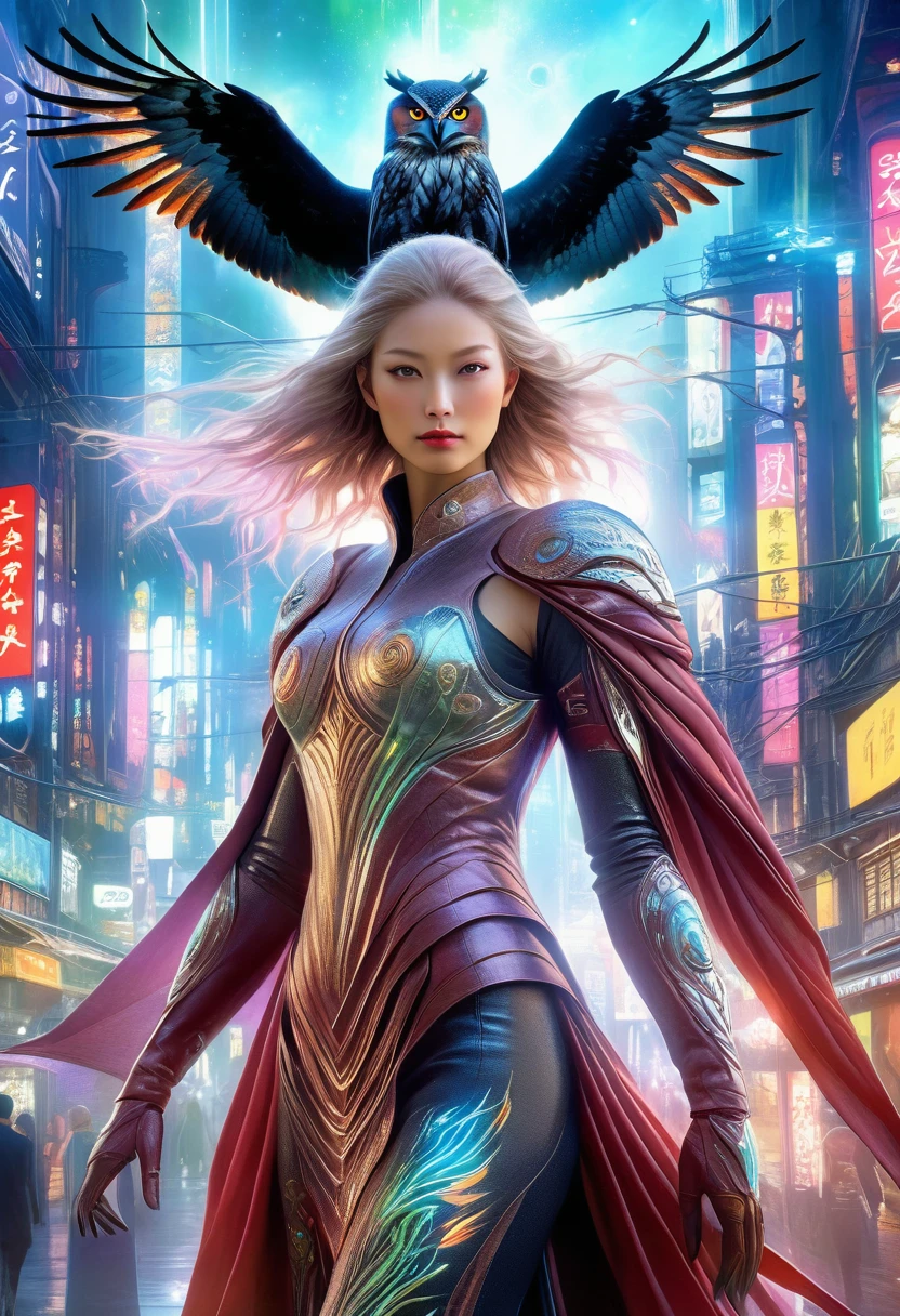 (best quality,4k,highres),(realistic,photorealistic:1.37),(Yoshitaka Amano style:1.1) A nordic woman and her guardian familiar apparition, mystical creature,otherworldly creature,kaiju-like,enchanting companions,wearing stylish futuristic clothes,inspired by Phantasy Star Online, lustful poses, (The woman, with her eyes brightly colored, no makeup and her nordic facial features elegantly detailed, adding to her allure. Dressed in elegant casual clothes with a stylish futuristic jacket.), (She is accompanied by a guardian apparition, a frog and eagle owl hybrid spectral apparition with exquisite anatomical features. The apparition's presence adds a sense of wonder and magic to the scene.), (The woman and her companion stand in a vibrant and bustling city, a modern metropolis with bustling streets, and vibrant signs. The colors are vibrant, with a mixture of purples, olive, and pale reds creating a dreamlike atmosphere.), (The lighting is soft but illuminating, casting a gentle glow on both the woman and the creature.), (The overall composition has a realistic and photorealistic quality, capturing the essence of the scene in intricate detail.), (The art style is inspired by Yoshitaka Amano, known for his ethereal and otherworldly illustrations. The combination of realistic elements with the artist's unique style creates a captivating and visually stunning image.)