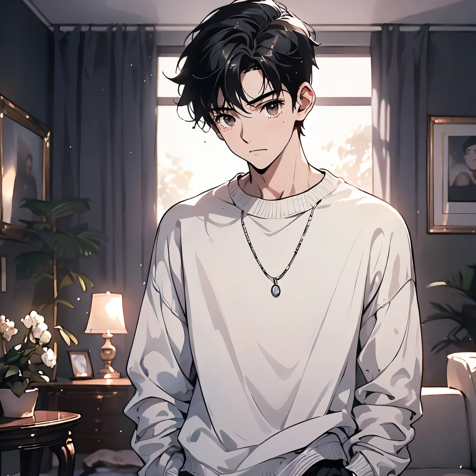 A black hair,18-year-old man in white sweater,Standing in the living room of the house,Sad expression,Laugh and cry,Tears(Upper body display:1.5)(cinematic lighting:1.5))(ultra-high detail:1.5)(best quality:1.5)