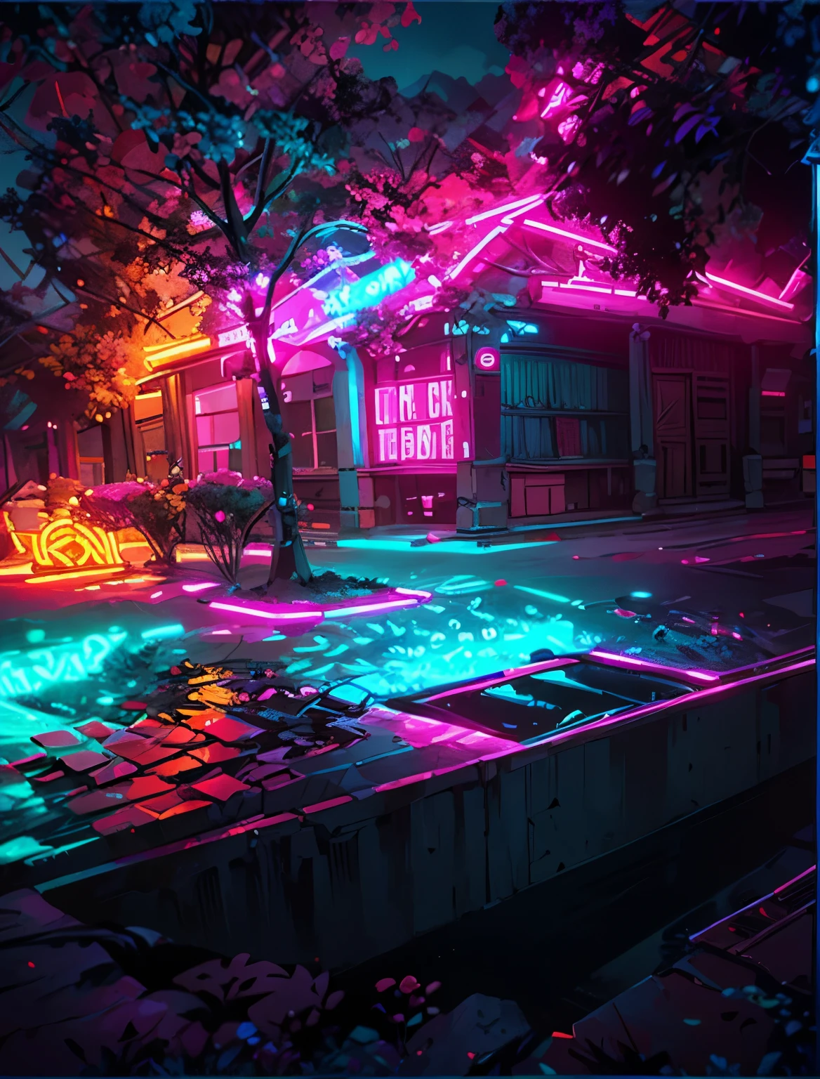 Neon light frames on the diagonal line form a corridor.