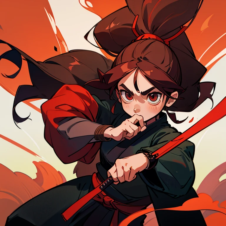 Samurai girl with long hair color between brown and red, peleando contra un ninja de pelo negro corto con la boca tapada