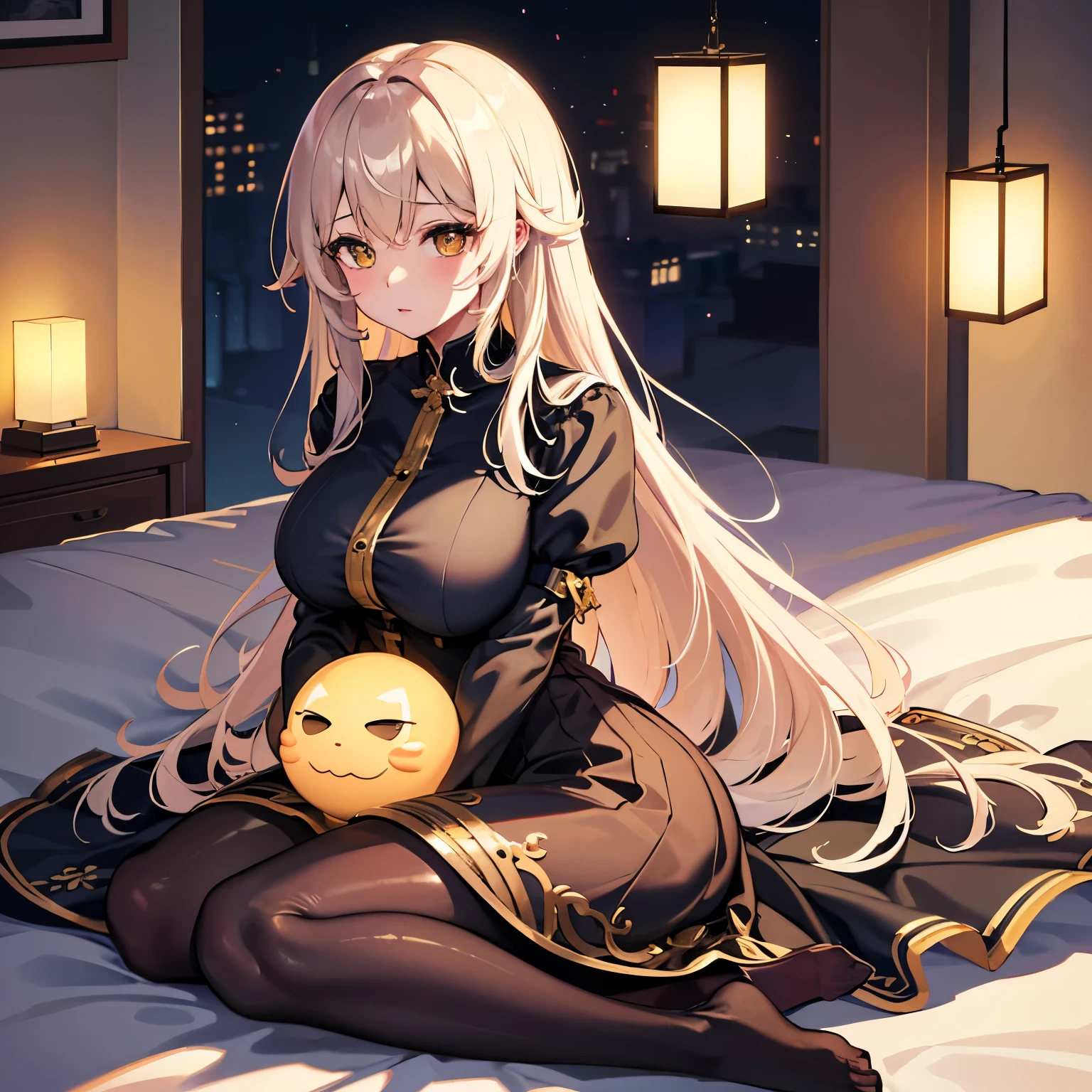 (Very detailed CG ユニティ 8k 壁紙)、(masterpiece)、(highest quality)、(Very detailed)、(Best illustrations)、(Best Shadow)、alone、One Girl、Yellow Eyes、Big Eyes、Big Breasts、Luxury bed、whole body、shirt、白shirt、black tights、evening、Luxury Background、whole body、Bright hair color、Long Hair、Shiny skin、Shiny texture