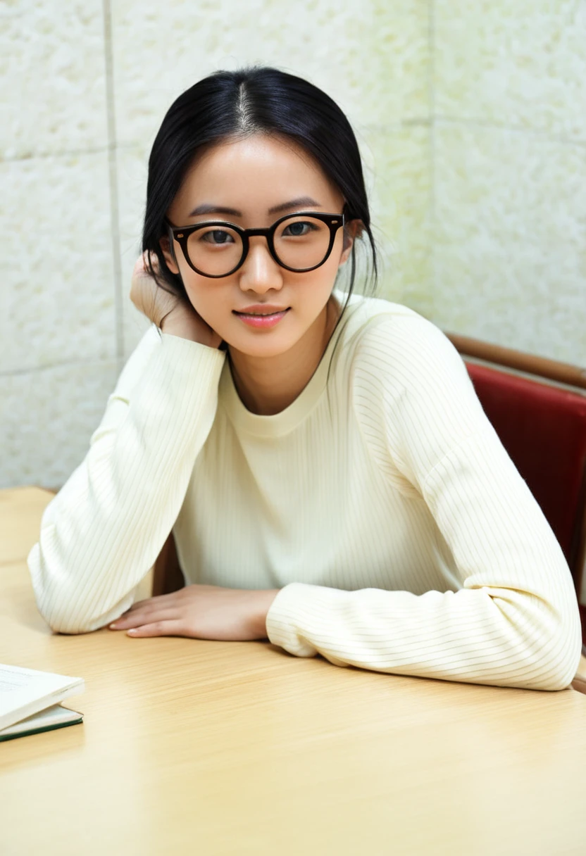 Arabian woman with glasses sitting at a table, Wearing glasses, Yoshitomo Nara, Chiho, Wenfei Ye, 27 years old, 28 years old, Chi Fengling, Without glasses, 23 years old, 18-year-old, 19-year-old girl, 1 8 is